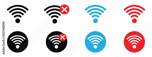 Collection of wifi signal icons illustrating connection status, including active, inactive, and error, in various colors and formats.