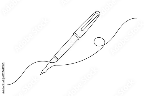 Continuous one line art of a classic fountain pen drawing, a smooth, elegant, flowing ink line.