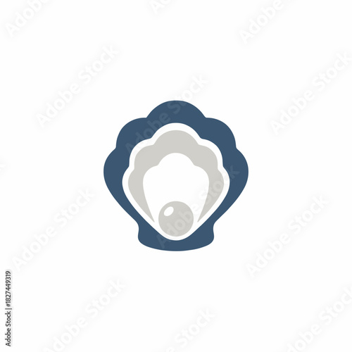 A stylized graphic illustration of an open dark blue oyster shell with a light grey interior, holding a single luminous white pearl at its center.