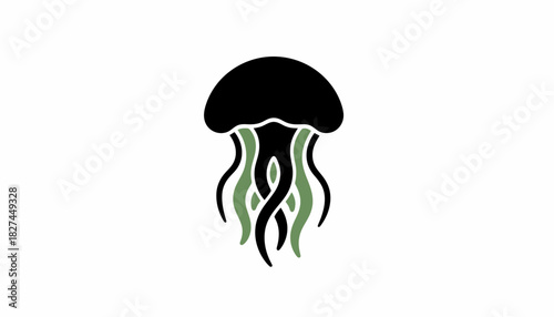 A stylized illustration of a jellyfish with a black bell and green tentacles against a white background.