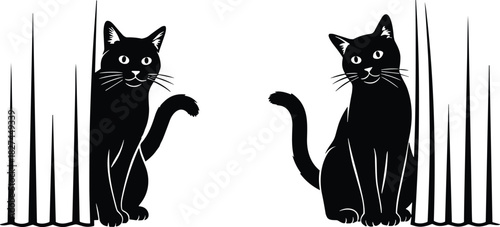 Black cat silhouette, minimalist style, curtain lines, alert pose, white background, playful composition, feline symmetry, whiskers detail, sitting cats, mystery vibe