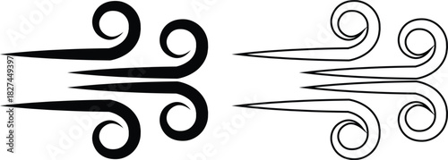 Black Wind Breeze Swirl Icon Set Collection Group in Flat Line Style, Air Flow Symbol Pack with Abstract Curved Gust Shapes, Minimal Outline Weather Elements and Motion Lines Vector Illustration