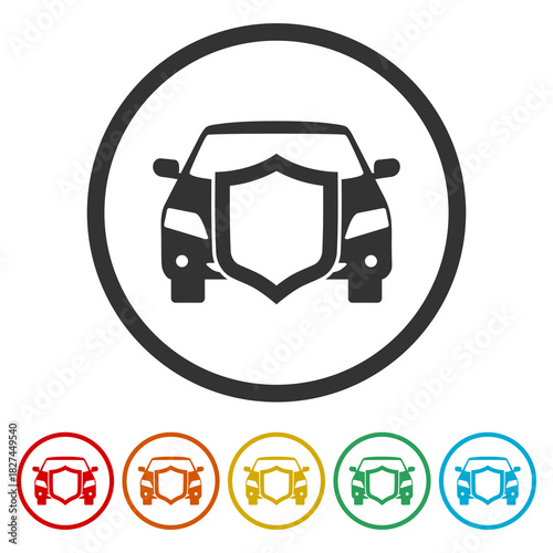 Car shield icon. Set icons in color circle buttons