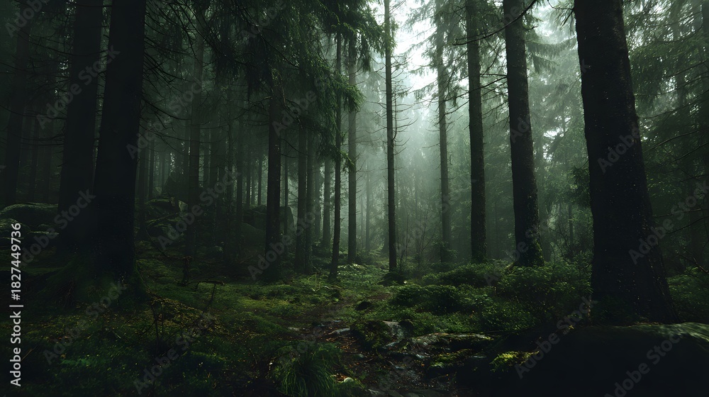 Fototapeta Misty Forest Path with Towering Trees and Lush Green Undergrowth.