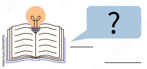 Open book with lightbulb symbolizing ideas and inspiration, paired with a question mark speech bubble. Ideal for creativity, education, learning, problem-solving, innovation, knowledge