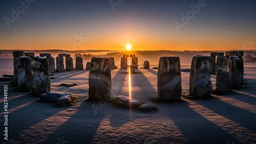 Ancient stone circle illuminated by winter solstice sunrise, glowing horizon