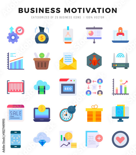 Vector icons set of BUSINESS MOTIVATION. Flat style Icons.