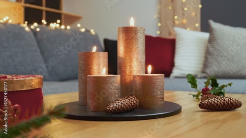 Christmas Home Decorations – Advent Arrangement With Four Lit Golden Candles