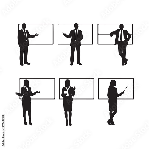 Business people silhouettes presenting on whiteboards vector Art & Illustration