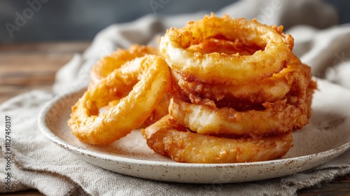 a stack of crispy golden beer-battered onion rings