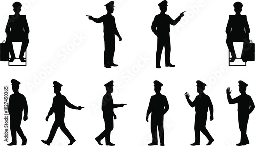 Cad drawing flat vector illustration of uniformed man silhouette in different poses walking, sitting, pointing, waving, professional character concept