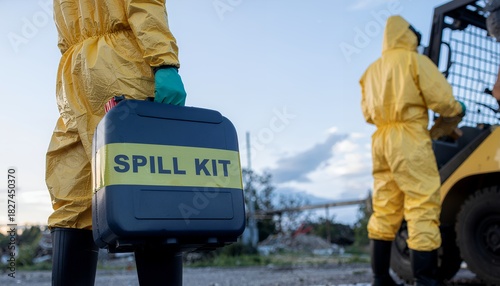 Emergency response team handling spill kit in protective gear