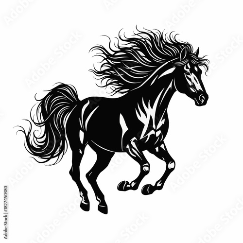 Majestic Black Horse Galloping with Flowing Mane and Tail.