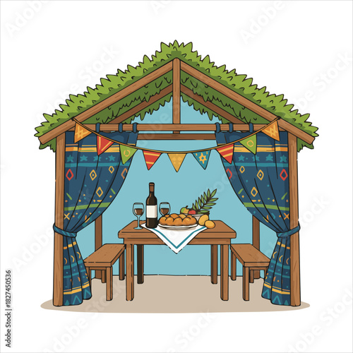Sukkah with festive decorations, wine, bread, and fruits on table Art & Illustration