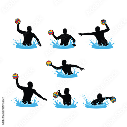 Water polo player silhouettes in splashing water action graphic Art & Illustration