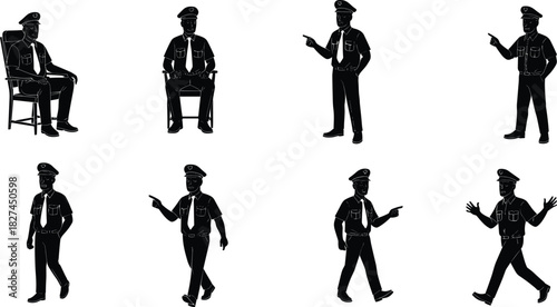 Cad drawing flat vector illustration of uniformed man silhouette standing, walking, sitting, and pointing in multiple professional poses