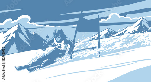 Downhill Ski Racer Slalom Course Cartoon Illustration