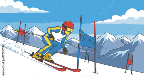 Cartoon Illustration of a Skier on Slalom Course with Snowy Mountain Background