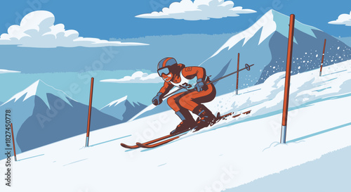 Downhill Skier Slalom Race on Snowy Mountain