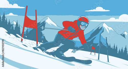 Dynamic Skiing Slalom on a Snowy Mountain Slope Winter Sport Illustration