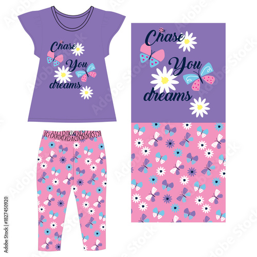 girls top with leggings butterfly  print vector