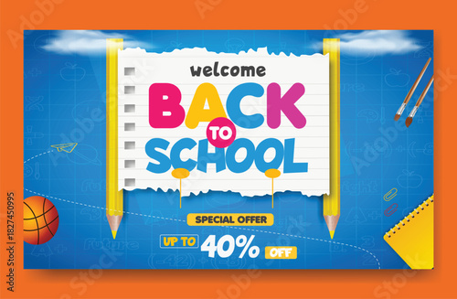 Vibrant back to school sale banner with discount offer