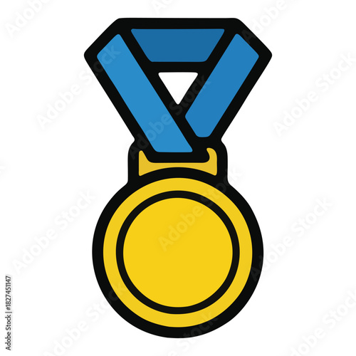 Golden Medal with Blue Ribbon Symbol of Achievement and Victory.