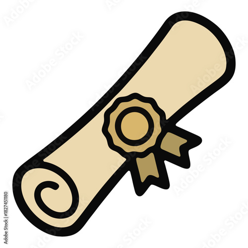 Cartoon illustration of a rolled diploma scroll with a gold ribbon seal.