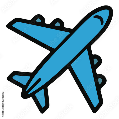 Simple Blue Airplane Icon with Black Outline for Travel.