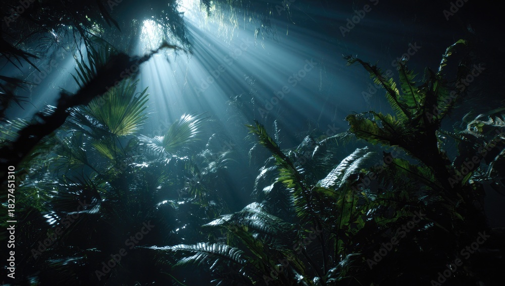 Obraz premium Sunlight beams through jungle canopy in dark cave