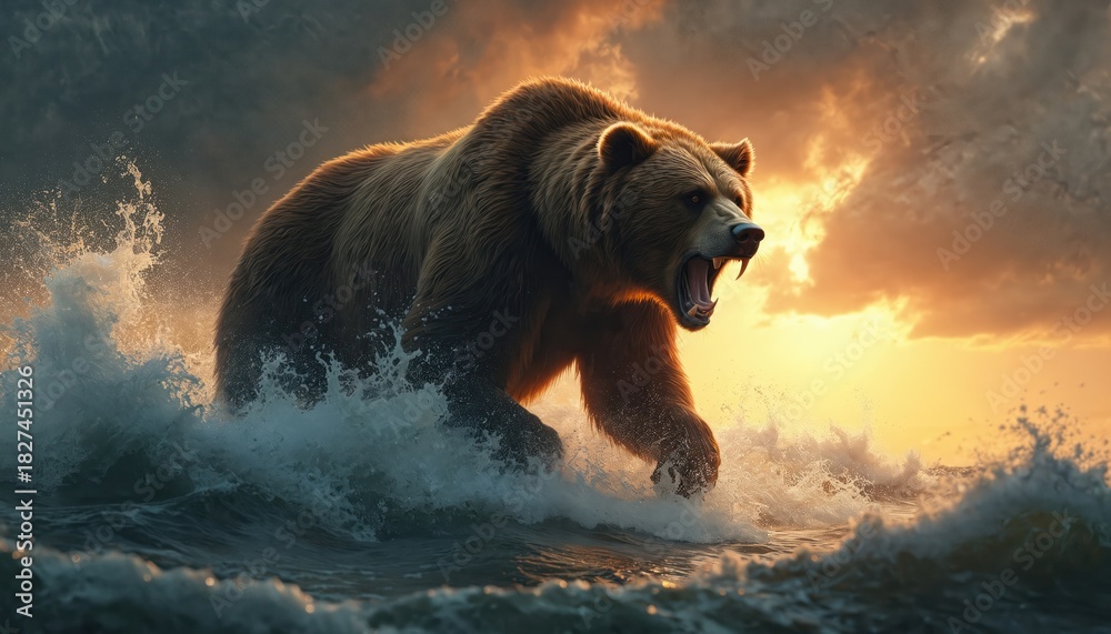 Fototapeta premium Fierce bear emerges from ocean waves during golden sunset. Powerful beast with bared teeth moves forward through rough sea spray under dramatic sky. Symbolizes strength and primal nature.