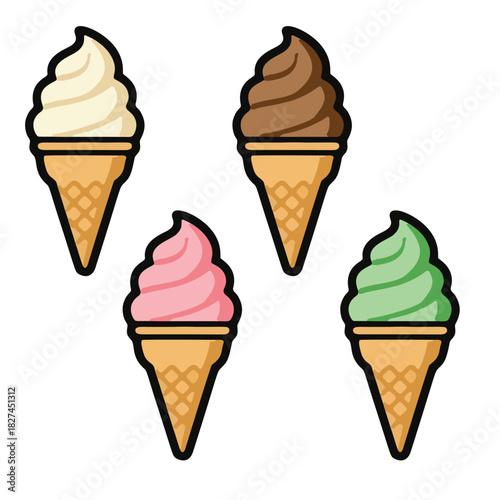 Colorful Cartoon Ice Cream Cones with Various Flavors in Waffle Cones.