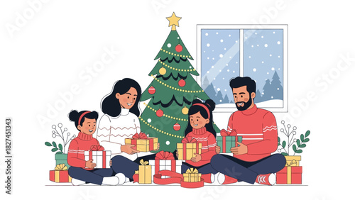 Family Celebrating Christmas Together, Opening Gifts by the Christmas Tree.