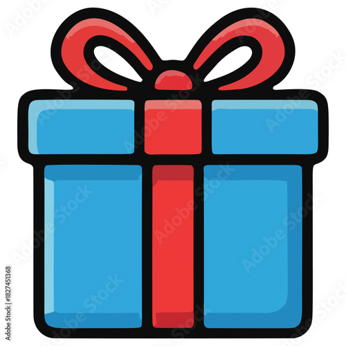 Cartoon Blue Gift Box with Red Ribbon and Bow.