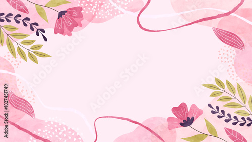 春風と花と植物の背景フレーム 春のナチュラルでフローラルな水彩イラスト枠