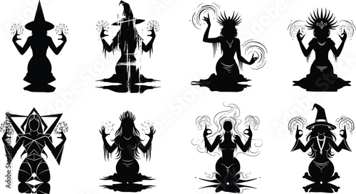 Collection of wizard silhouettes holding magic staffs, fantasy sorcerer design, mystical magician illustration, dark robe figure, magical power vector art
