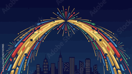Vibrant Cityscape Celebration with Colorful Night Sky Fireworks Arch