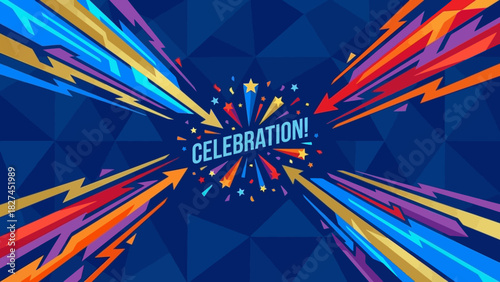 Dynamic Celebration Burst with Colorful Arrows and Star Confetti Abstract Background