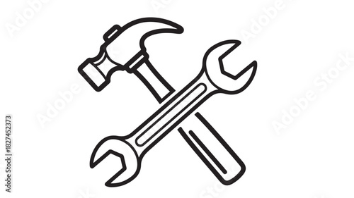 Hammer and wrench icon crossed tools in simple black and white vector illustration perfect for repair service or construction company logo