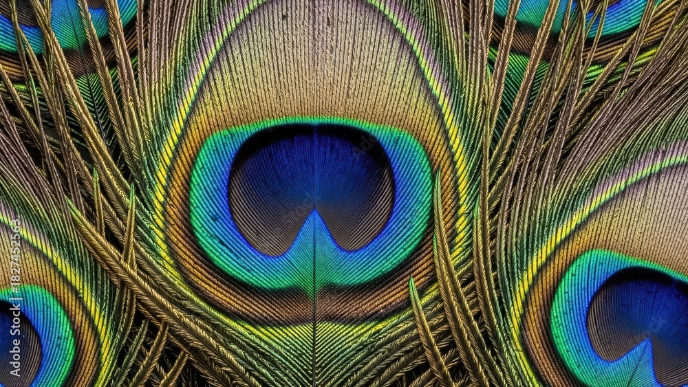 Fototapeta premium Close up of vibrant peacock feather eye patterns