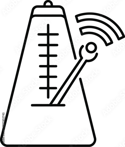 Smart metronome line art icon, depicting a classic music tempo device with a wireless signal, symbolizing modern rhythm control, digital sound, and musical technology