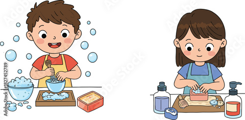 Cute boy and girl making homemade soap, fun science experiment for kids, creative learning activity, cartoon illustration of children with bubbles