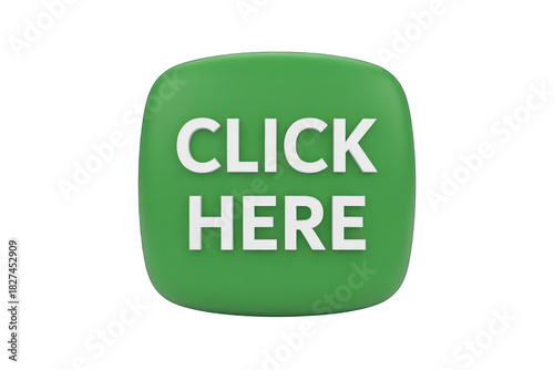 A prominent green button with the text 'CLICK HERE' in white letters, symbolizing an action or invitation online.
