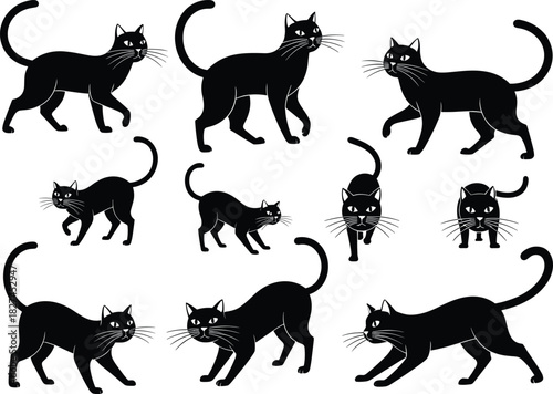 Black cat silhouettes, feline poses, walking cat, sitting cat, crouching cat, stretching cat, whiskers detail, spooky animal icons, vector design