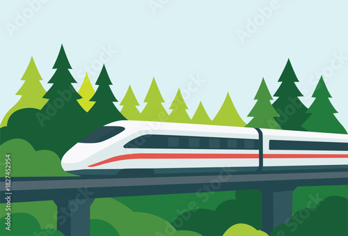 High-speed train traveling through green forest landscape on elevated bridge.