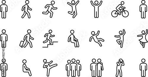 People Human Action Movement Poses Icon Set, Including Walking, Running, Sitting, Jumping, Cycling, Dancing, Friendship, and Standing Figure Pictograms, Outline Vector Graphics.