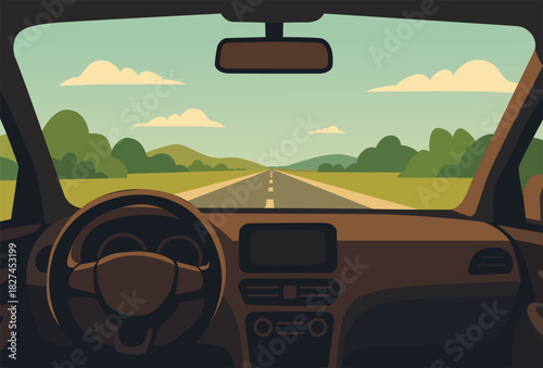 Car interior view, open road trip, sunny green summer landscape.