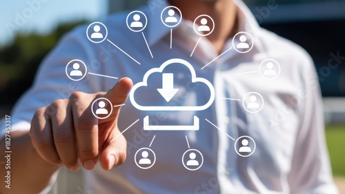 Business professional interacts with a digital interface representing centralized data distribution to a network of users