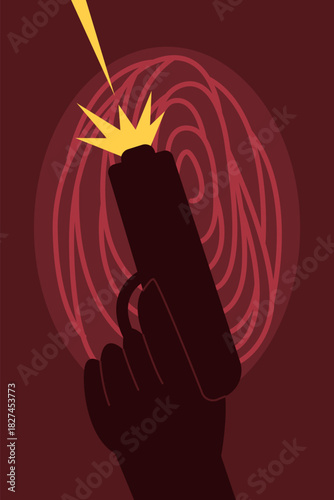 Silhouette hand firing a pistol with muzzle flash over a fingerprint pattern, symbolizing ballistic forensic evidence