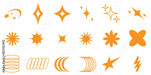 Y2K decorative shapes vector illustration pack, inspired by the bold, shiny, and futuristic aesthetic of the early 2000s. Includes stars, sparkles, ovals, blobs, and abstract forms